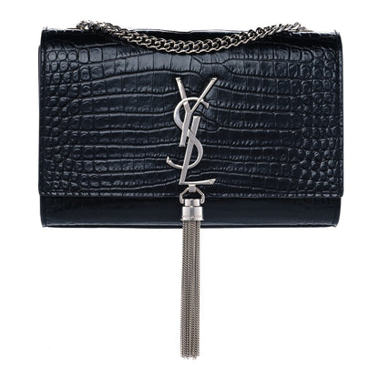 Saint Laurent Calfskin Crocodile Embossed Small Classic Monogram Kate Tassel Satchel Black 1 of 11