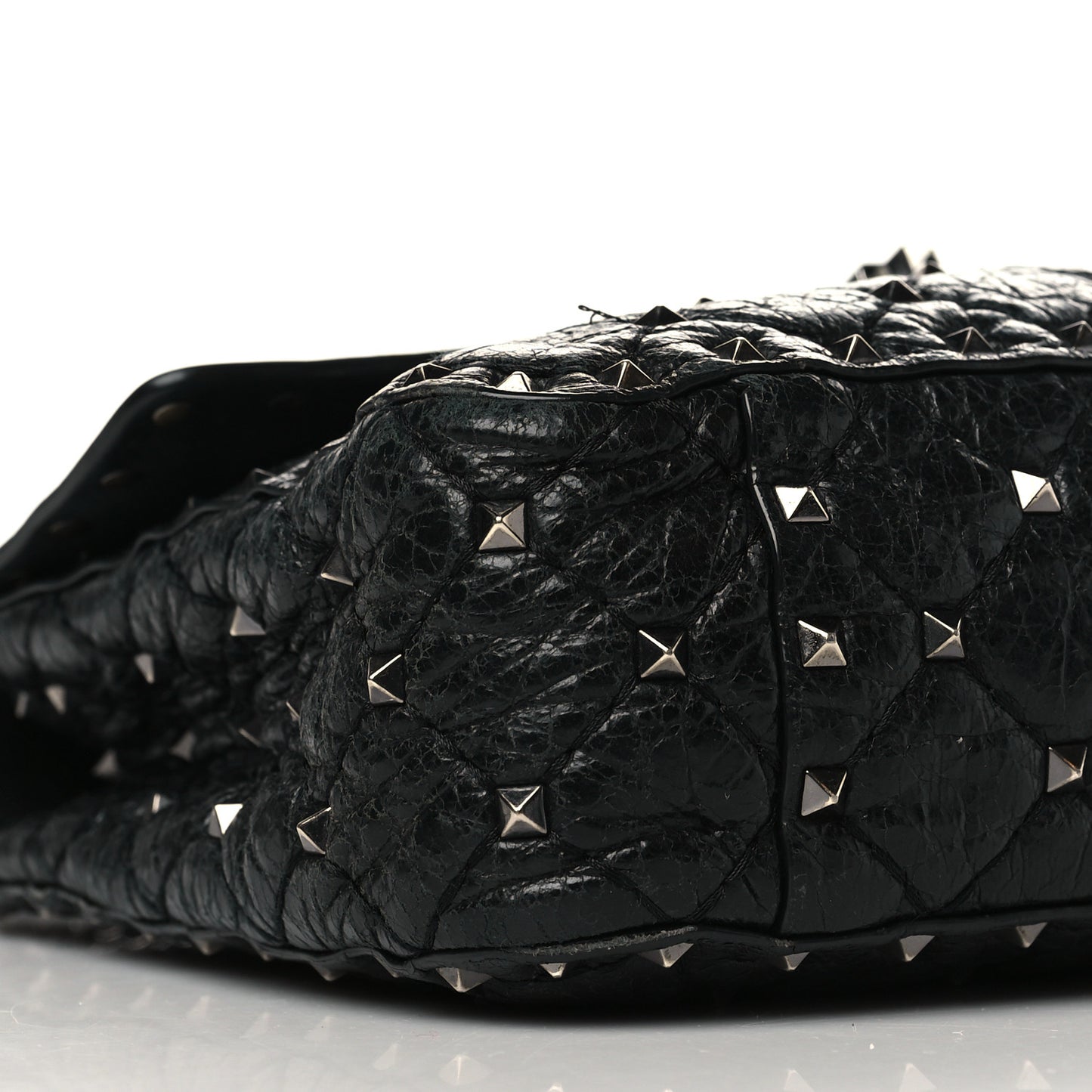 Craquele Nappa Medium Rockstud Spike Shoulder Bag Black