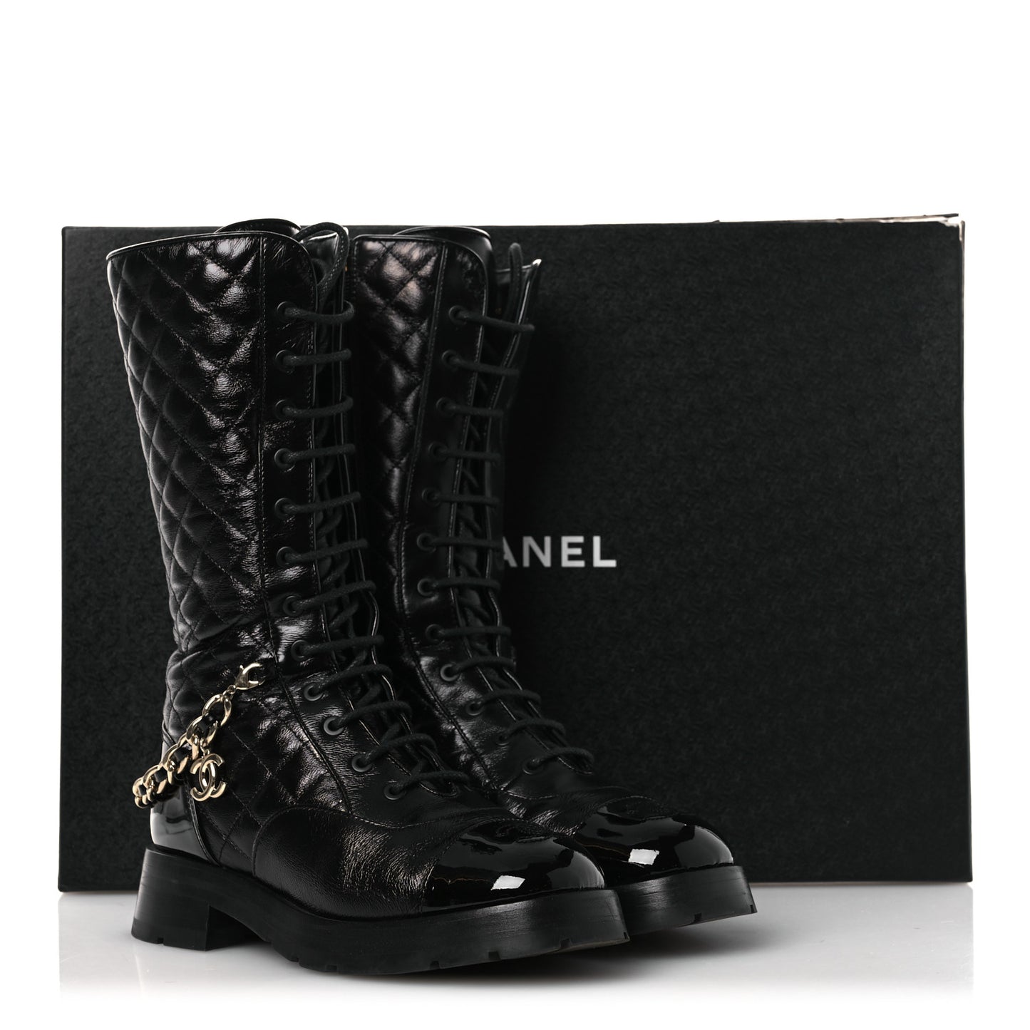 Shiny Calfskin Patent Quilted Chain Lace Up Combat Long Boots 37 Black