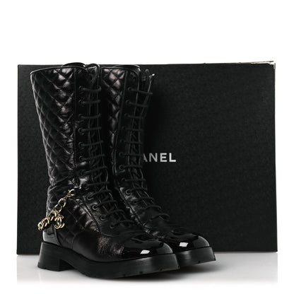 Chanel Shiny Calfskin Patent Quilted Chain Lace Up Combat Long Boots 37 Black 11 of 11