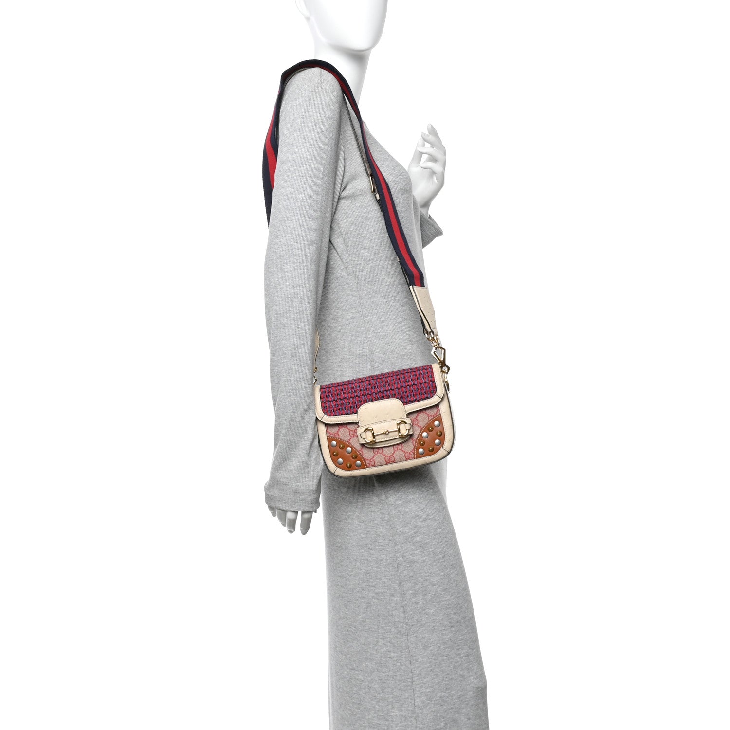 Gucci Ostrich Tweed GG Supreme Monogram Studded Web Mini Horsebit 1955 Shoulder Bag Multicolor 2 of 12