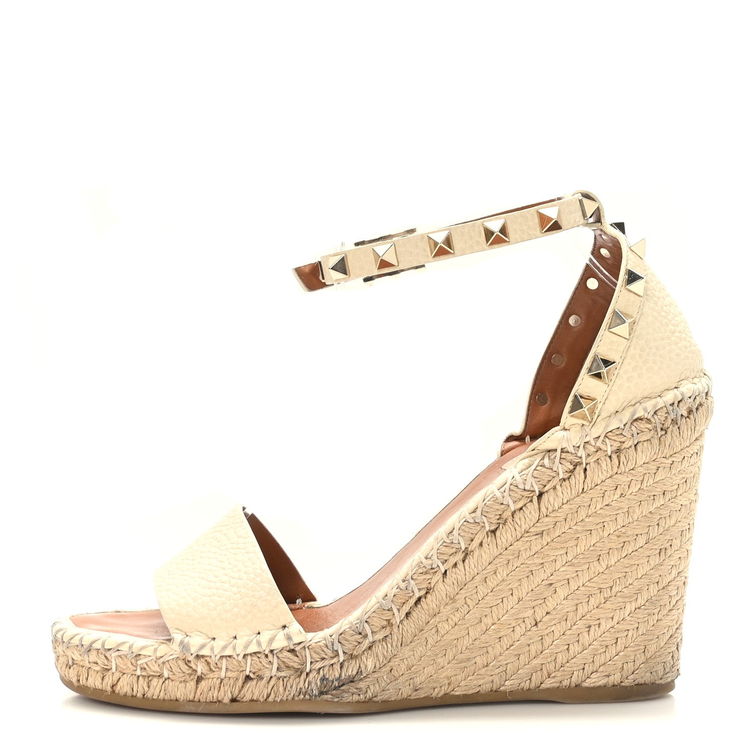 Valentino Garavani Grained Calfskin Rockstud Ankle Strap Espadrille 15/105mm Wedge Sandals 38 Light Ivory Natural 1 of 8