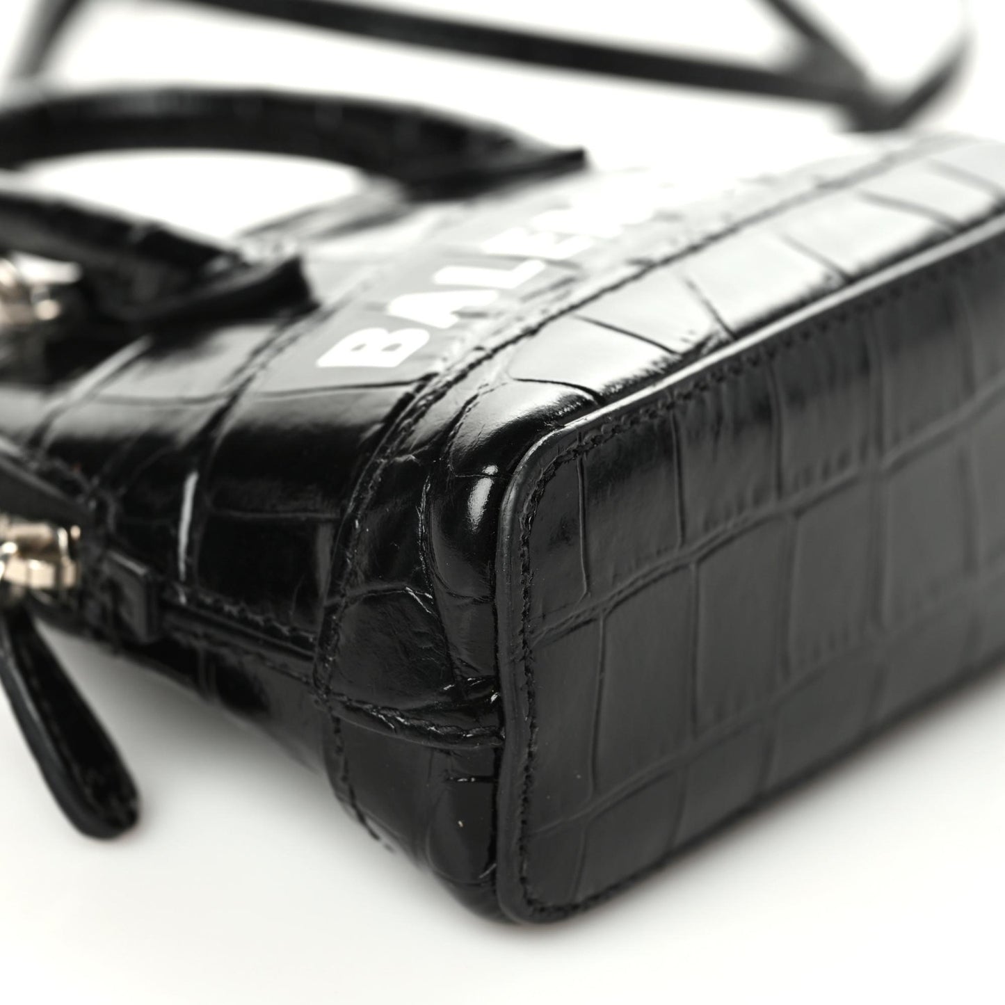 Shiny Calfskin Logo Crocodile Embossed Mini Ville Top Handle Bag Black