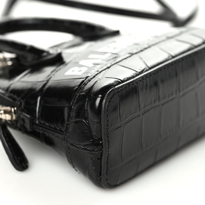 Balenciaga Shiny Calfskin Logo Crocodile Embossed Mini Ville Top Handle Bag Black 5 of 8