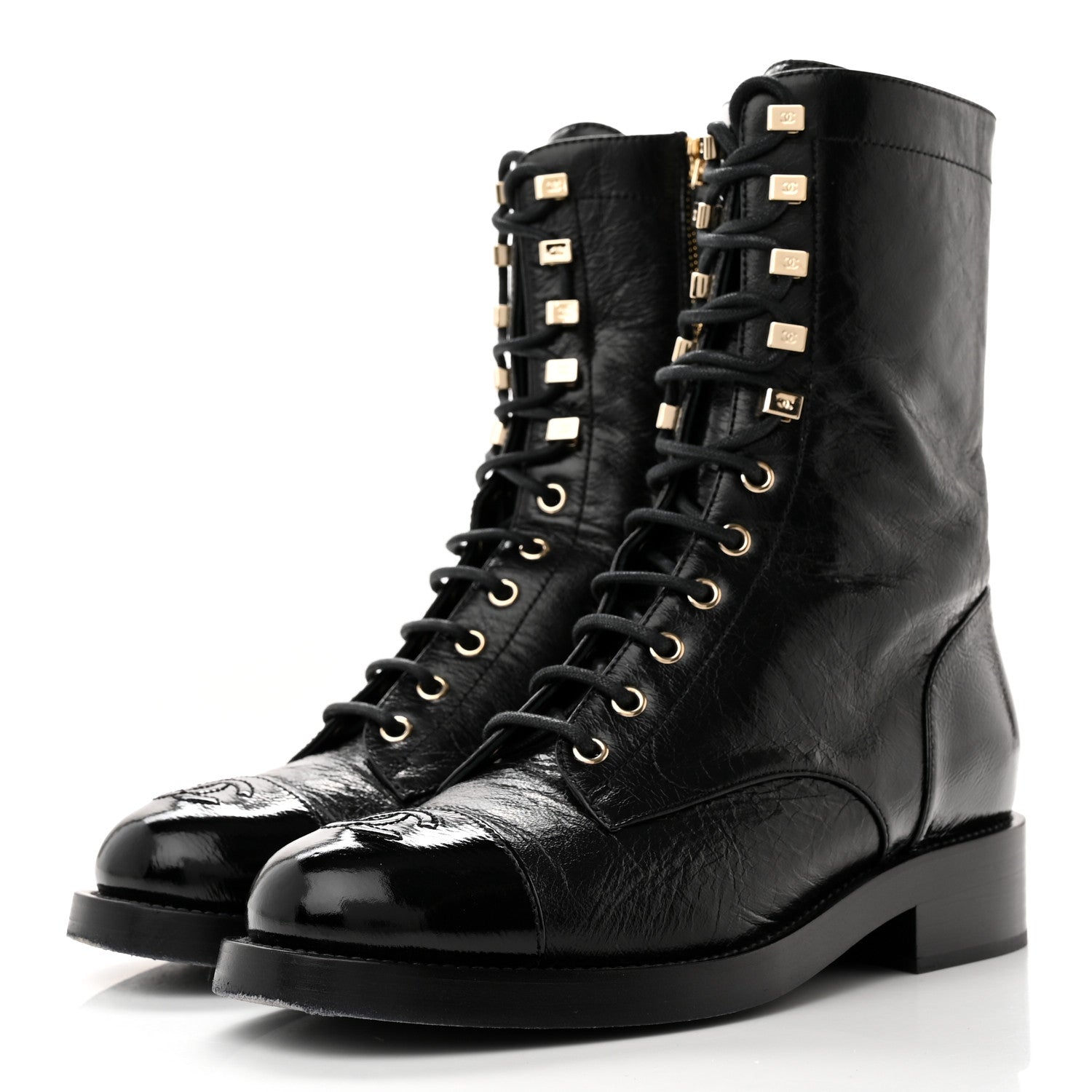 Chanel Crumpled Calfskin Patent Cap Toe Lace Up Combat Boots 38 Black 3 of 12