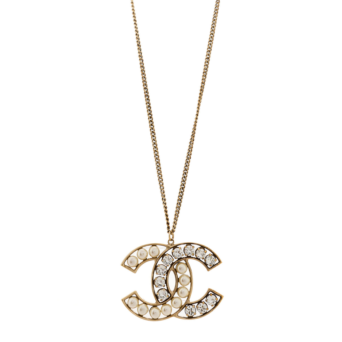 Pearl Crystal CC Pendant Necklace Gold