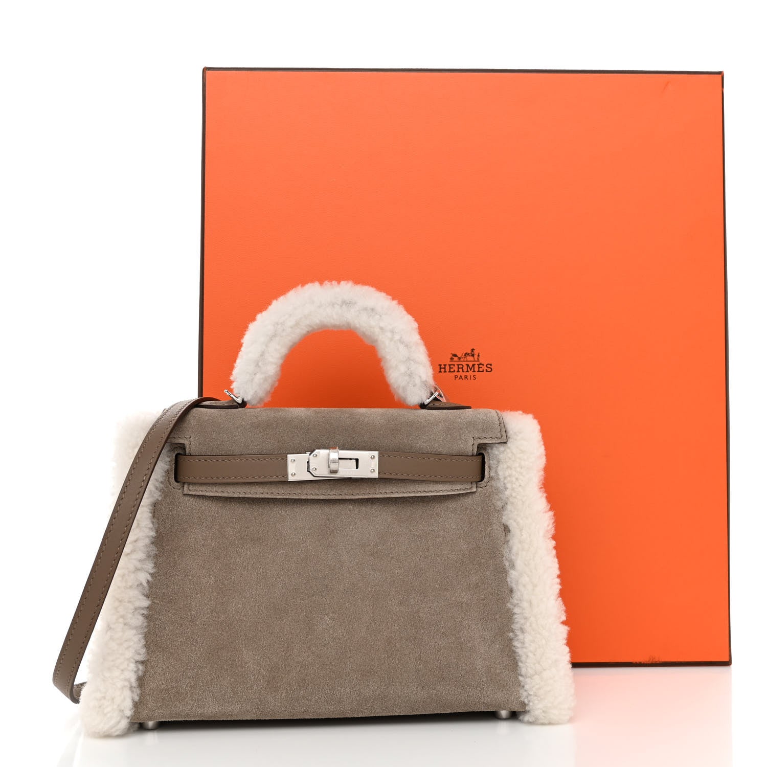 Hermes Veau Grizzly Mouton Shearling Swift Teddy Mini Kelly 20 Gris Caillou Ecru Etoupe 21 of 22