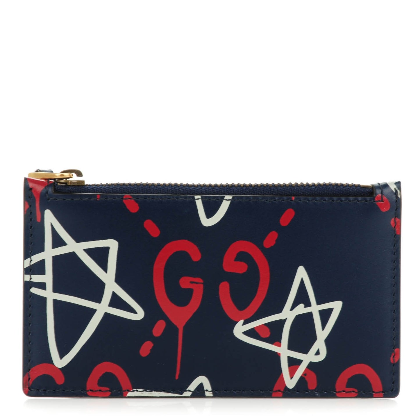 Calfskin GucciGhost Coin Case Card Holder Blue Agata Hibiscus Red
