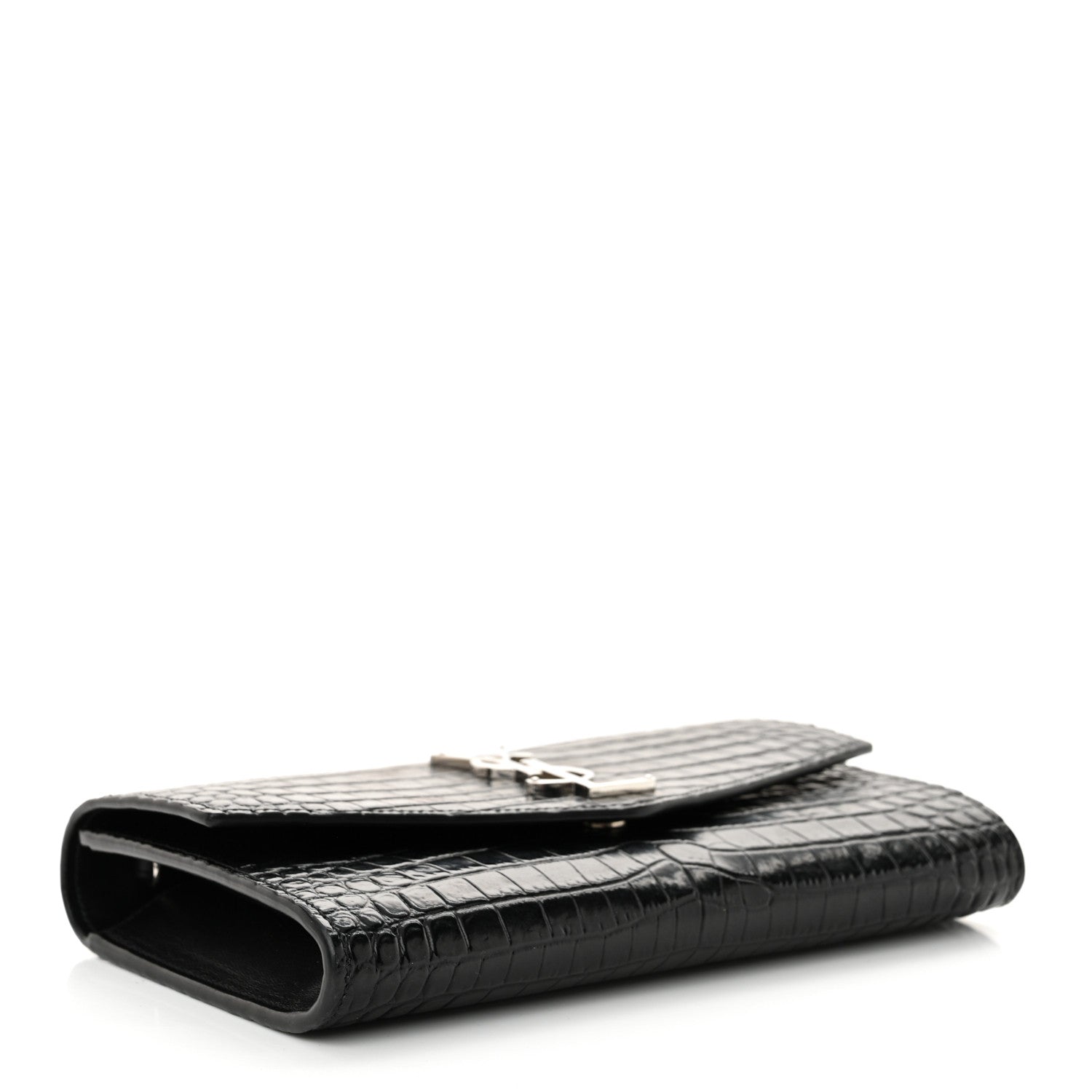 Saint Laurent Calfskin Crocodile Embossed Monogram Uptown Chain Wallet Black 4 of 11