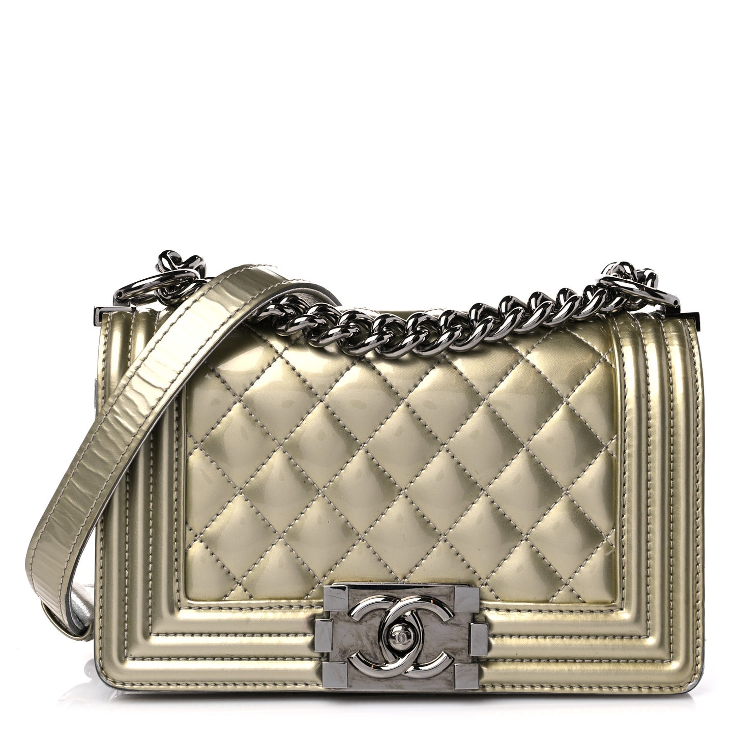Metallic Patent Calfskin Quilted Small Boy Flap Silver