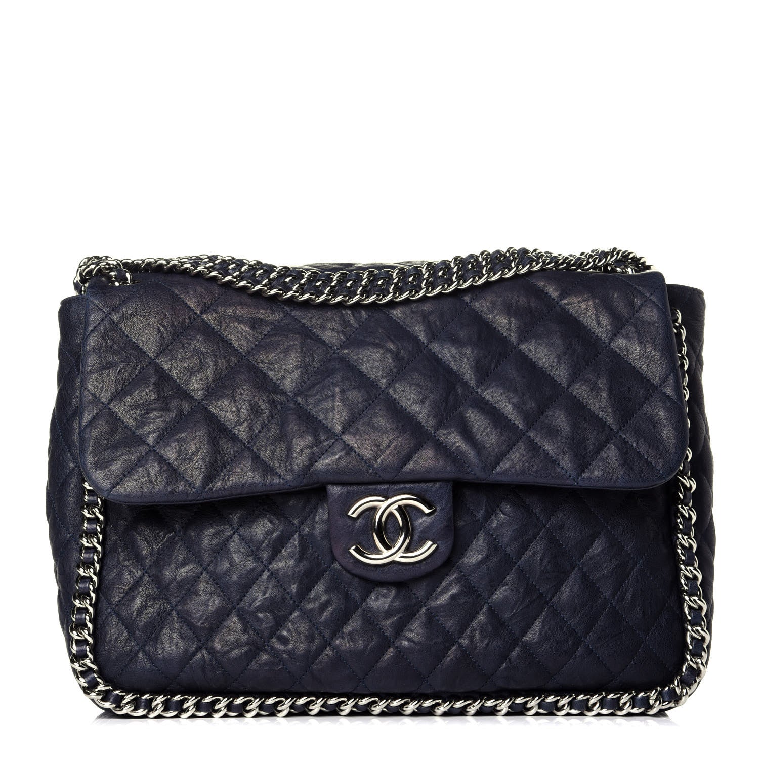 Chanel Washed Lambskin Quilted Chain Around Maxi Flap Dark Navy Blue 1 of 9