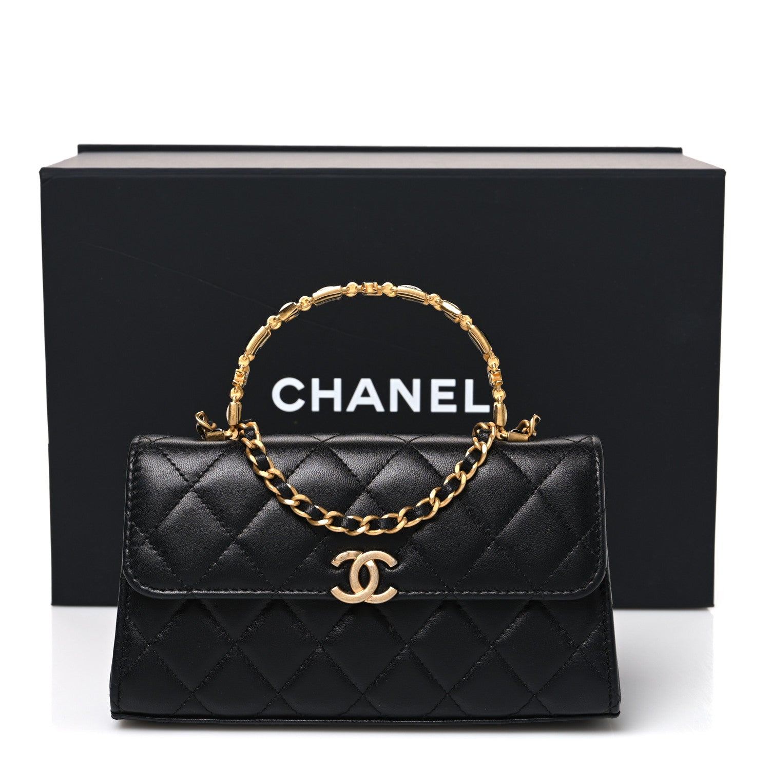 Chanel Lambskin Enamel Quilted Top Handle Flap Phone Holder With Chain Black 11 of 11