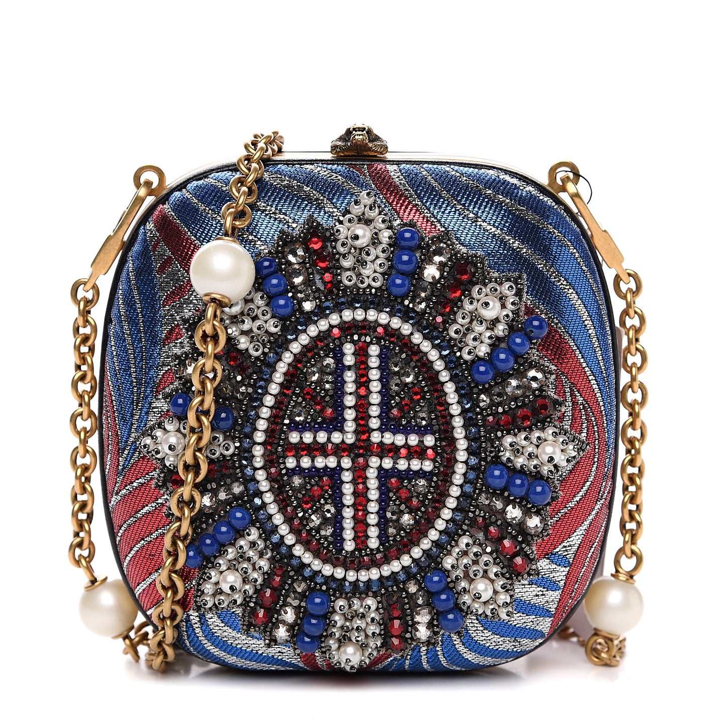 Brocade Pearl Beaded Sandy Flow Chain Clutch Multicolor