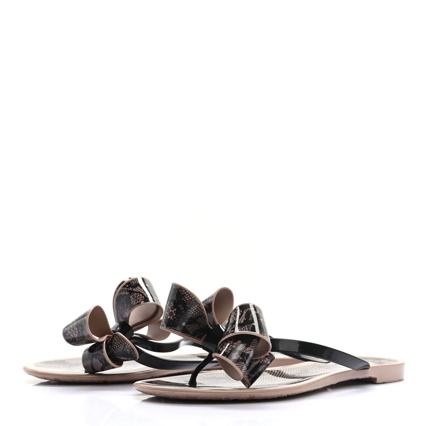 PVC Jelly Lace Print Bow Thong Sandals 40 Black Poudre