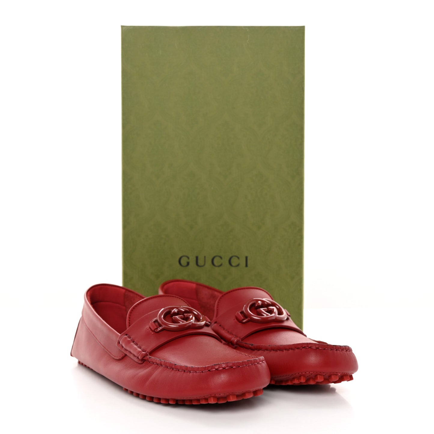 Soft Clove Calfskin Monochrome Mens Interlocking G Driver Loafers 8 Red