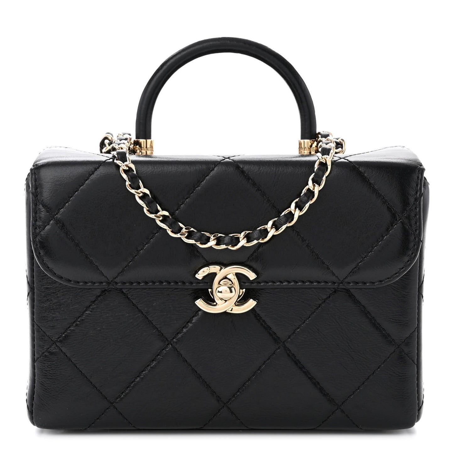 Shiny Calfskin Quilted Small CC Top Handle Box Bag Black