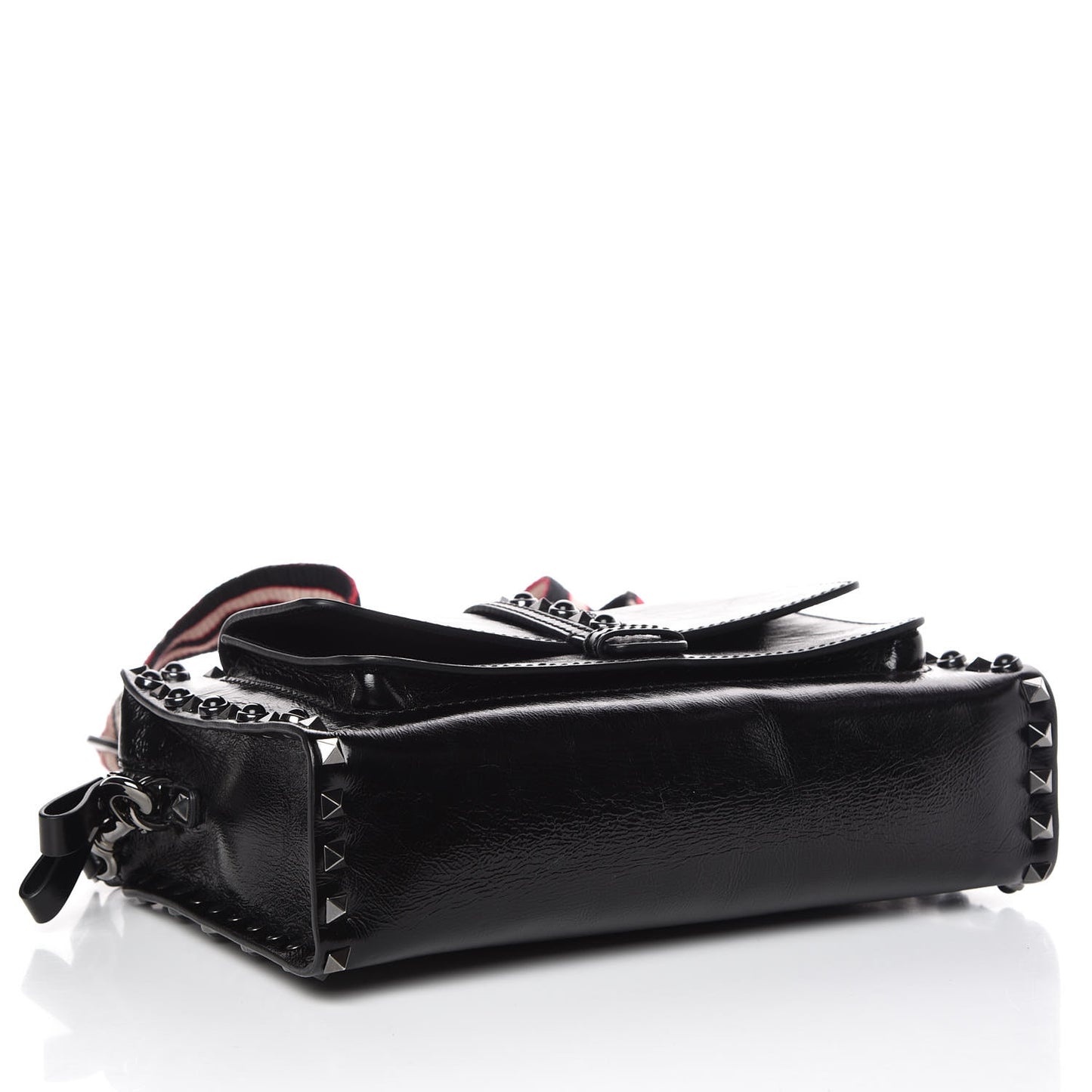 Craquele Calfskin Small Guitar Strap Rockstud Rolling Flap Pocket Shoulder Bag Black