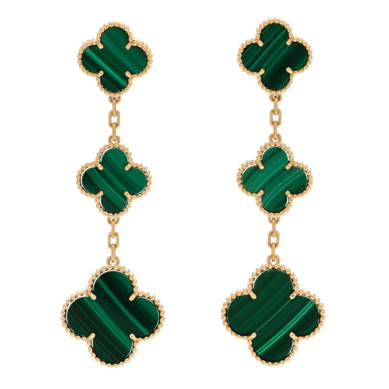 Van Cleef & Arpels 18K Yellow Gold Malachite 3 Motifs Magic Alhambra Earrings 1 of 5