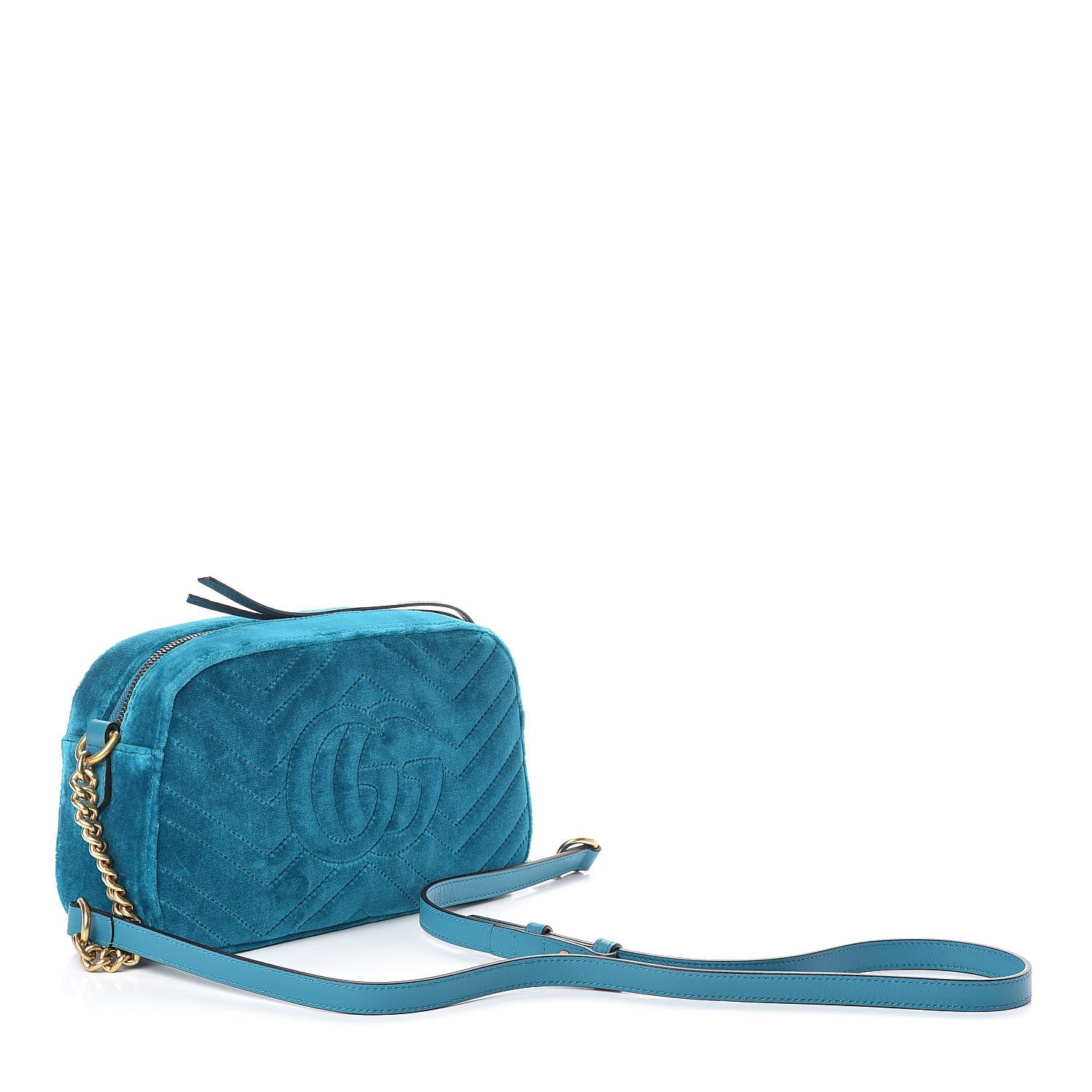 Gucci Velvet Matelasse Small GG Marmont Chain Shoulder Bag Pavone Cyan 3 of 9