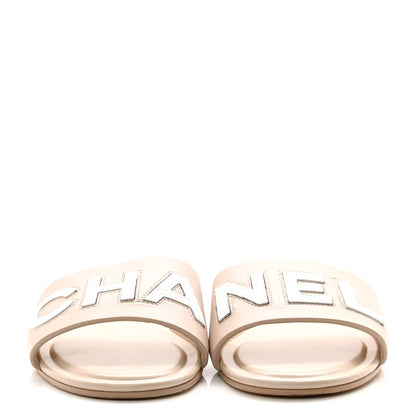 Chanel Calfskin Patent Calfskin Logo Mules 38.5 Beige 2 of 9