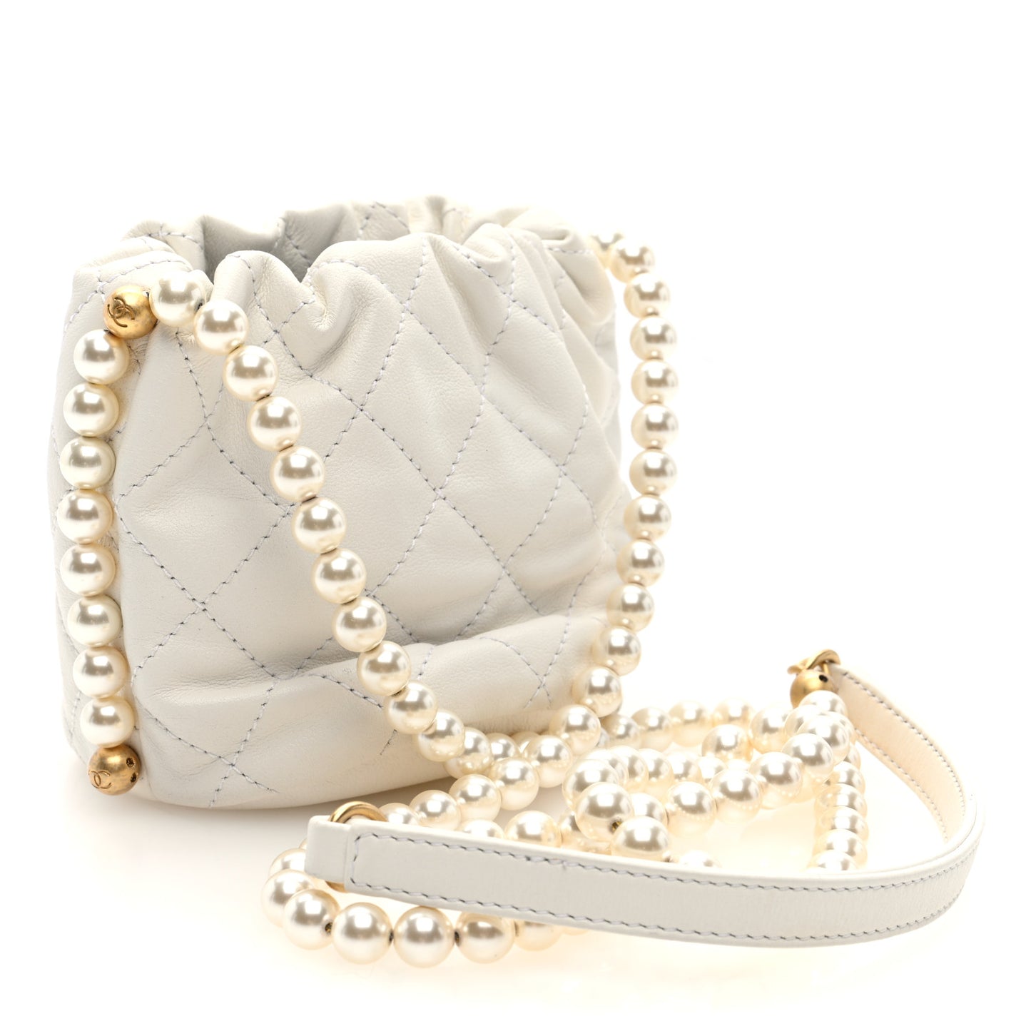Calfskin Quilted Pearl Mini About Pearls Drawstring Bucket Bag White