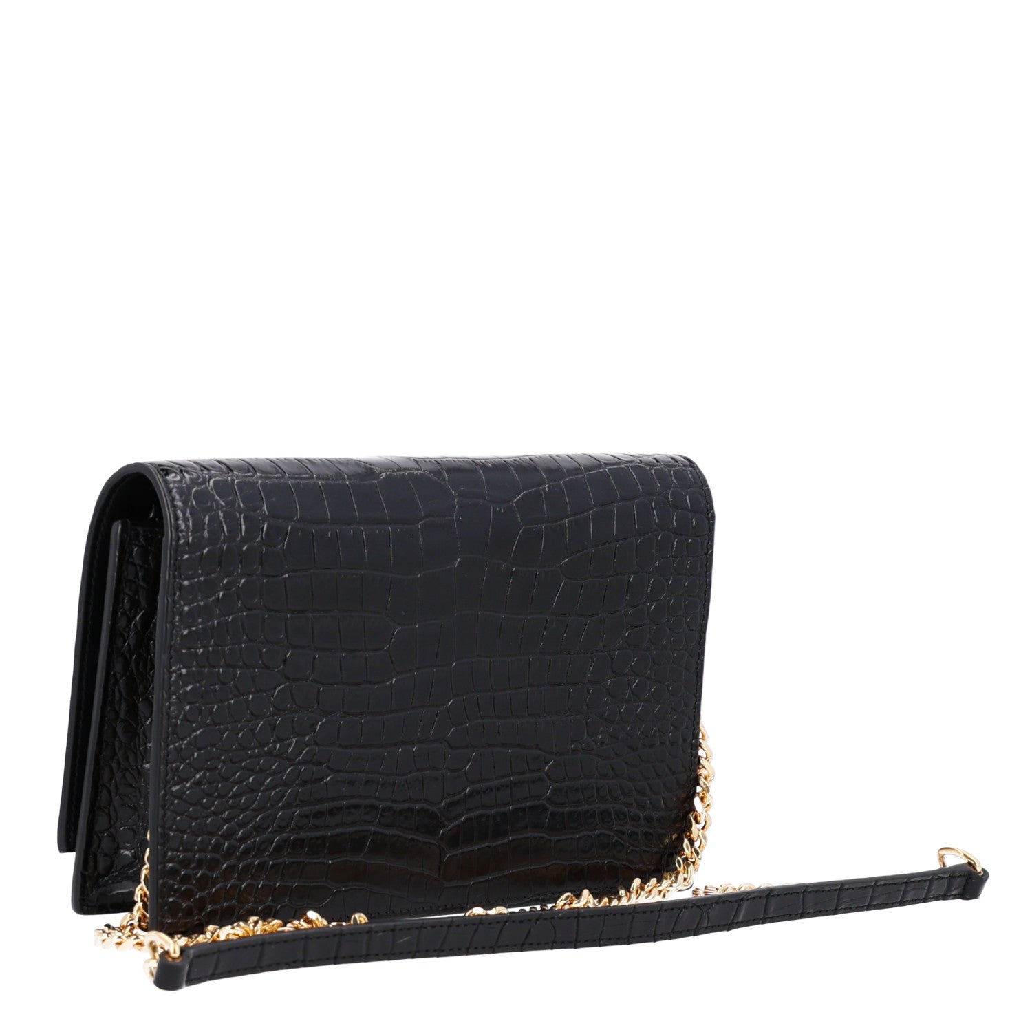 Saint Laurent Calfskin Crocodile Embossed Kate Monogram Tassel Chain Wallet Black 2 of 10