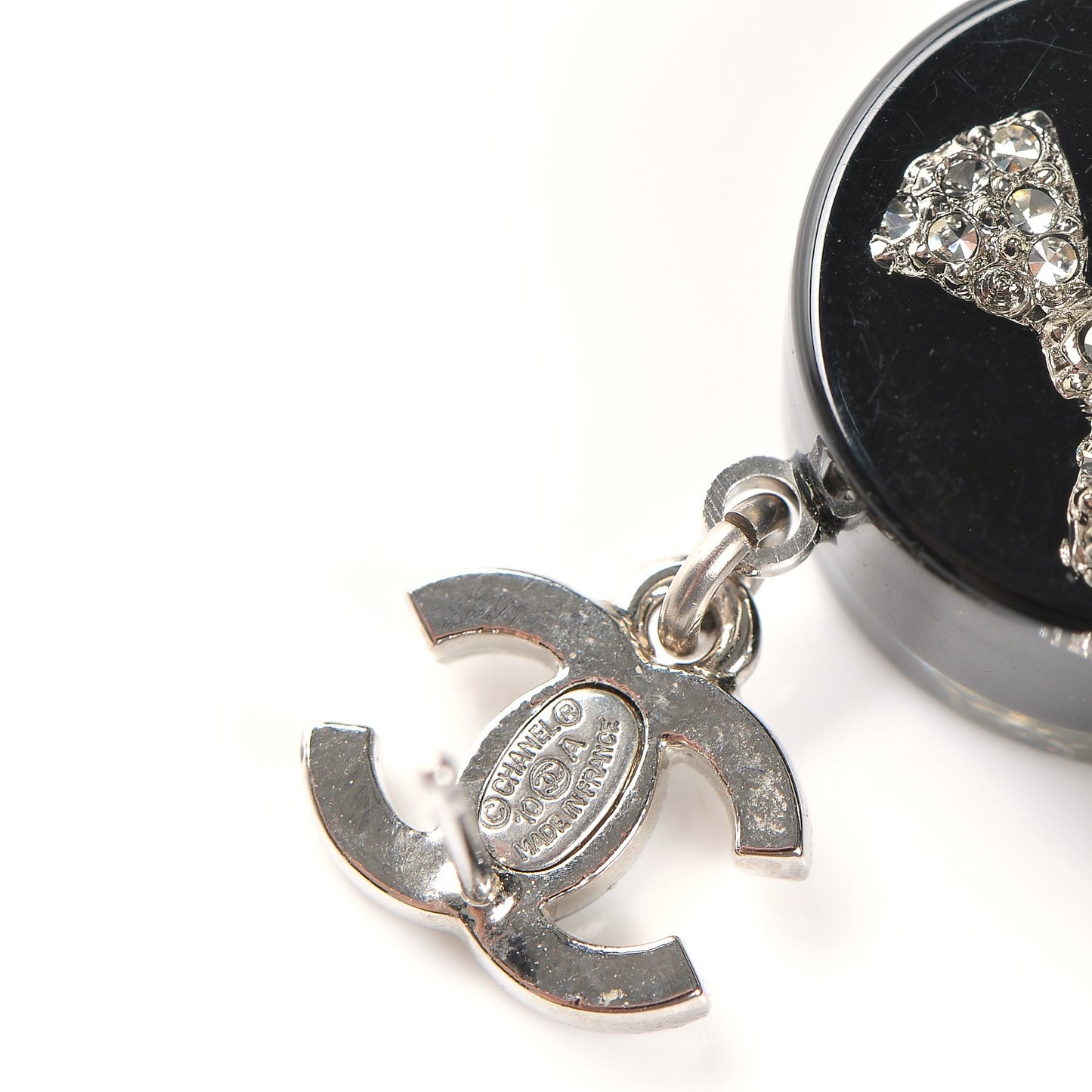 Resin Crystal CC Bow Drop Earrings Black Silver