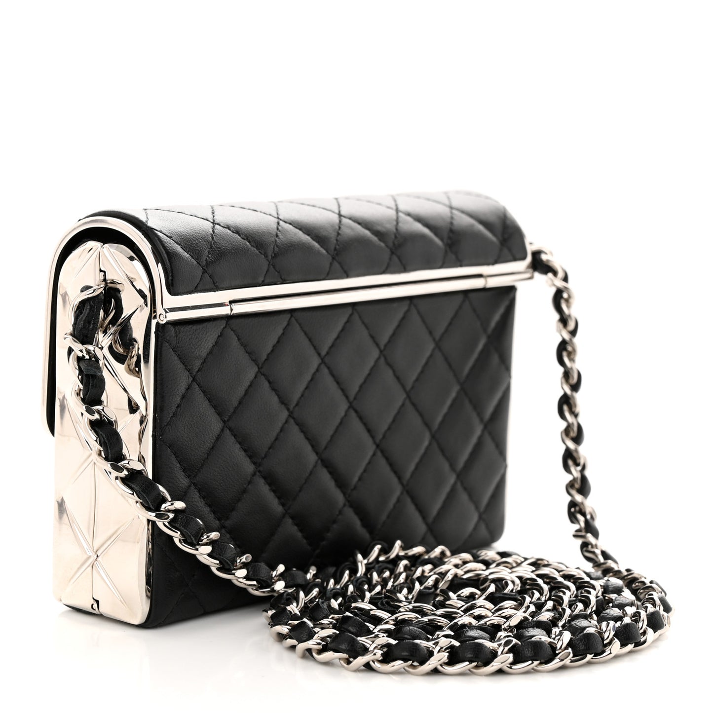 Lambskin Metal Quilted Small Evening Bag With Chain Black
