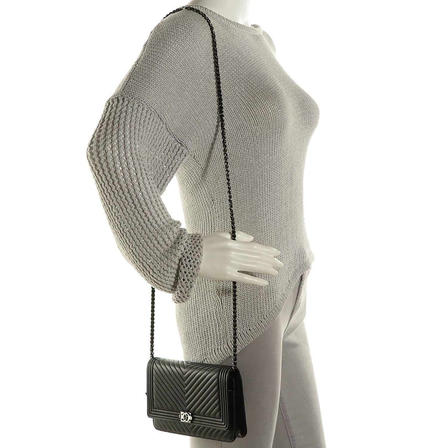 Chanel Calfskin Chevron Boy Wallet On Chain WOC Black 2 of 7