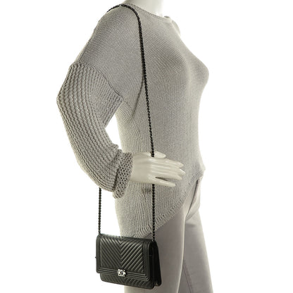 Chanel Calfskin Chevron Boy Wallet On Chain WOC Black 2 of 7