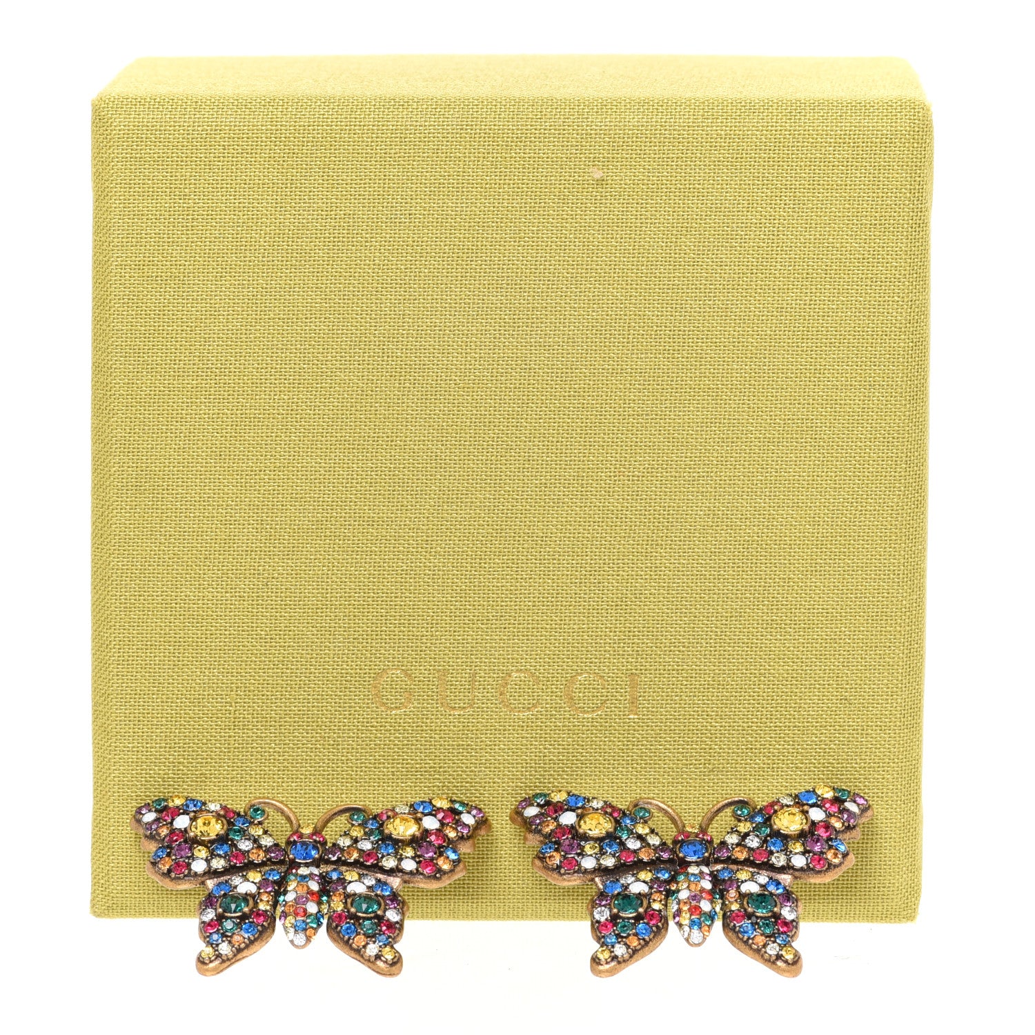 Gucci Metal Crystal Butterfly Stud Earrings Aged Gold Multicolor 4 of 4
