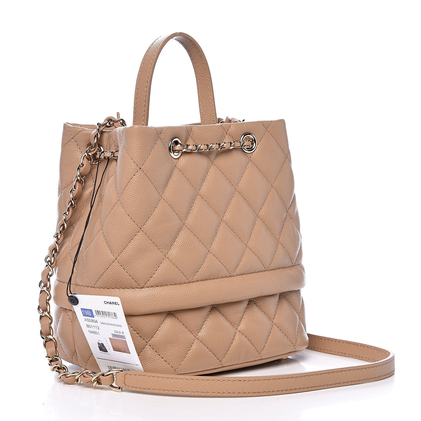 Caviar Quilted Rolled Up Bucket Drawstring Bag Beige