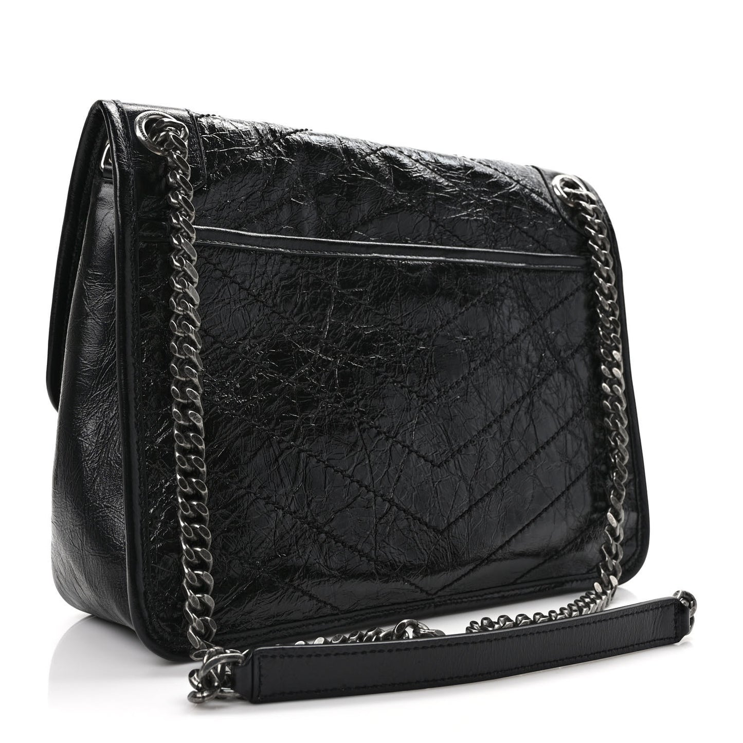 Crinkled Calfskin Matelasse Monogram Medium Niki Chain Satchel Black