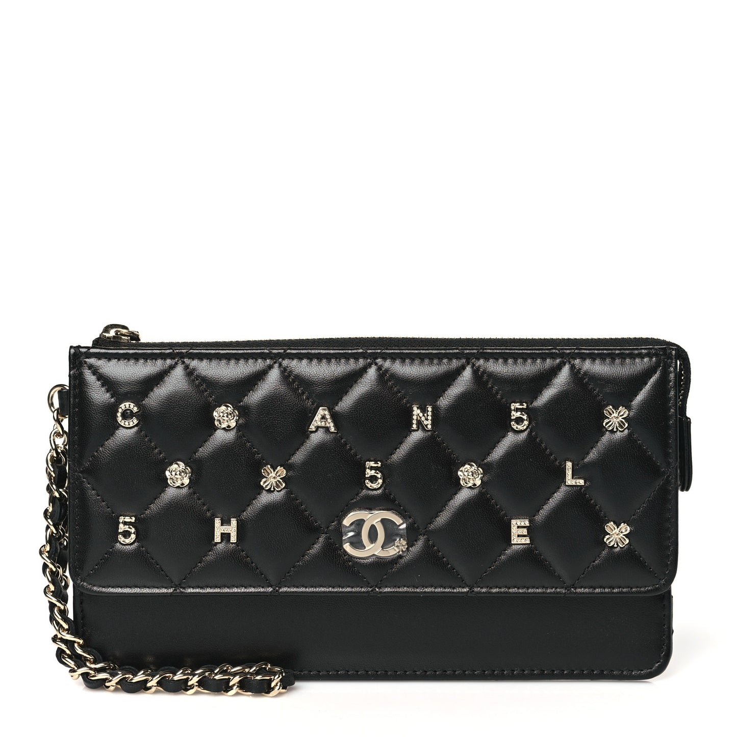 Lambskin Quilted All About Chanel Charm Wristlet Wallet Black