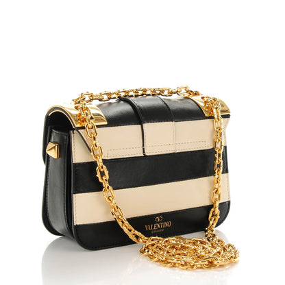 Valentino Garavani Calfskin Monochrome Striped Small B-Rockstud Flap Black Ivory 3 of 7