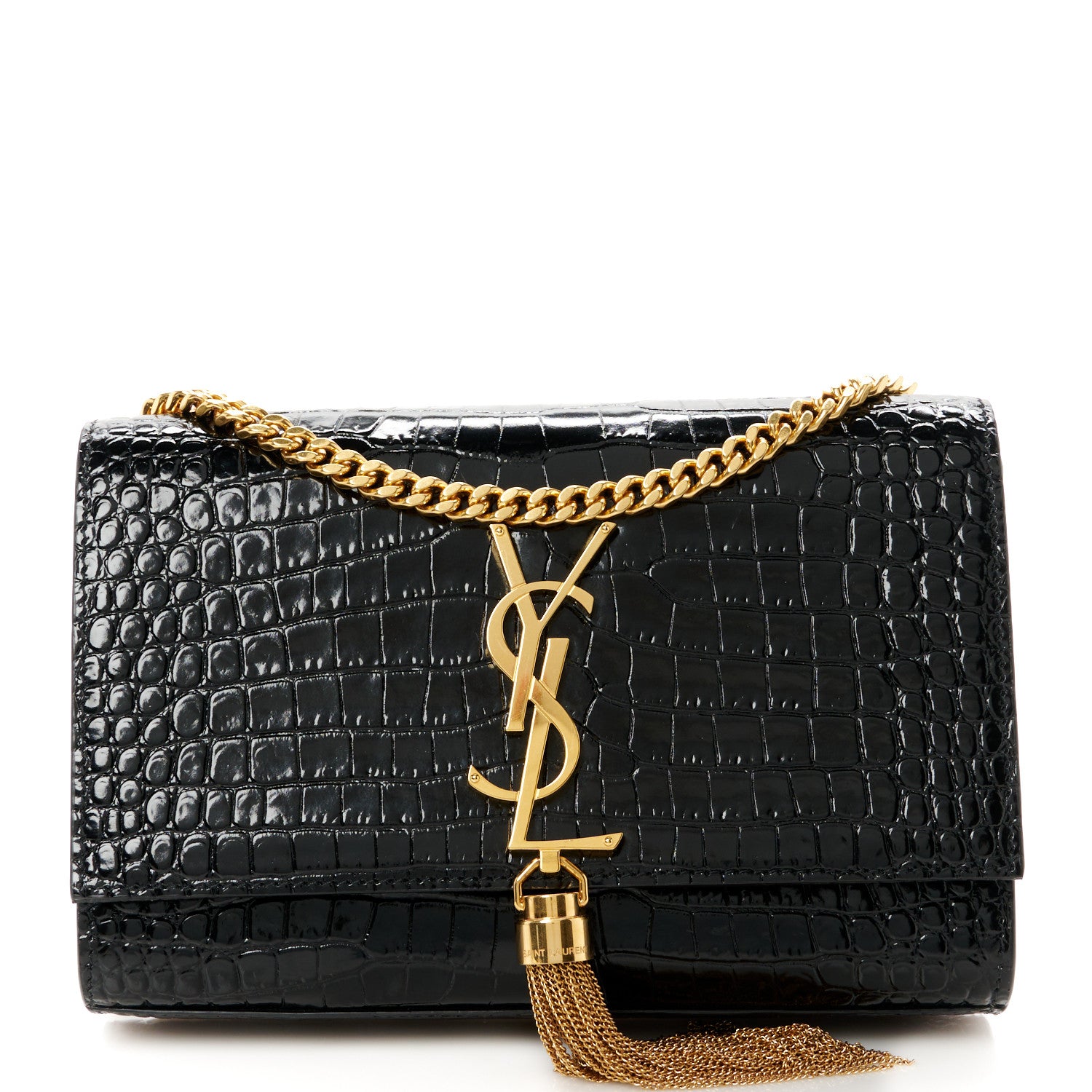 Saint Laurent Calfskin Crocodile Embossed Small Classic Monogram Kate Tassel Satchel Black 1 of 11