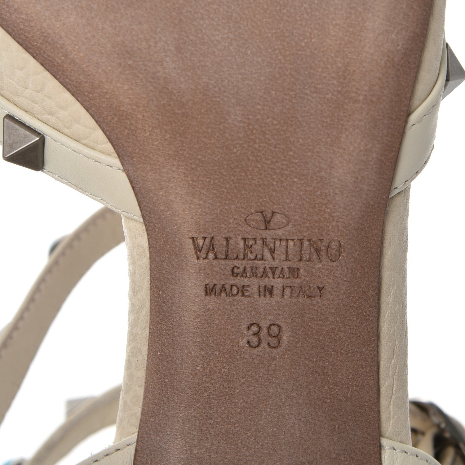 Valentino Garavani Pebbled Calfskin Turquoise Rockstud Rolling Ankle Strap 65mm Pumps 39 Ivory 6 of 9