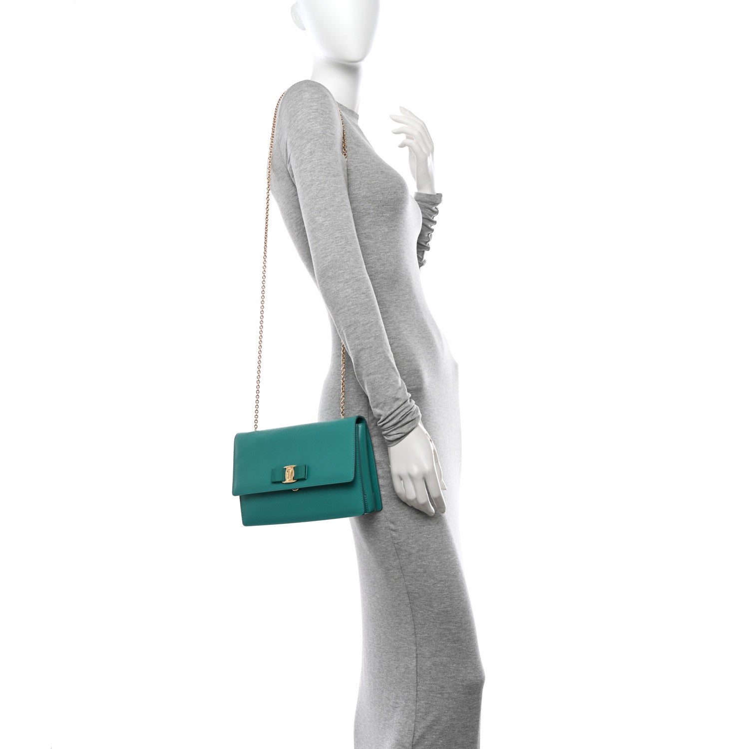 Salvatore Ferragamo Printed Calfskin Vara Bow Chain Flap Crossbody Teal 2 of 10