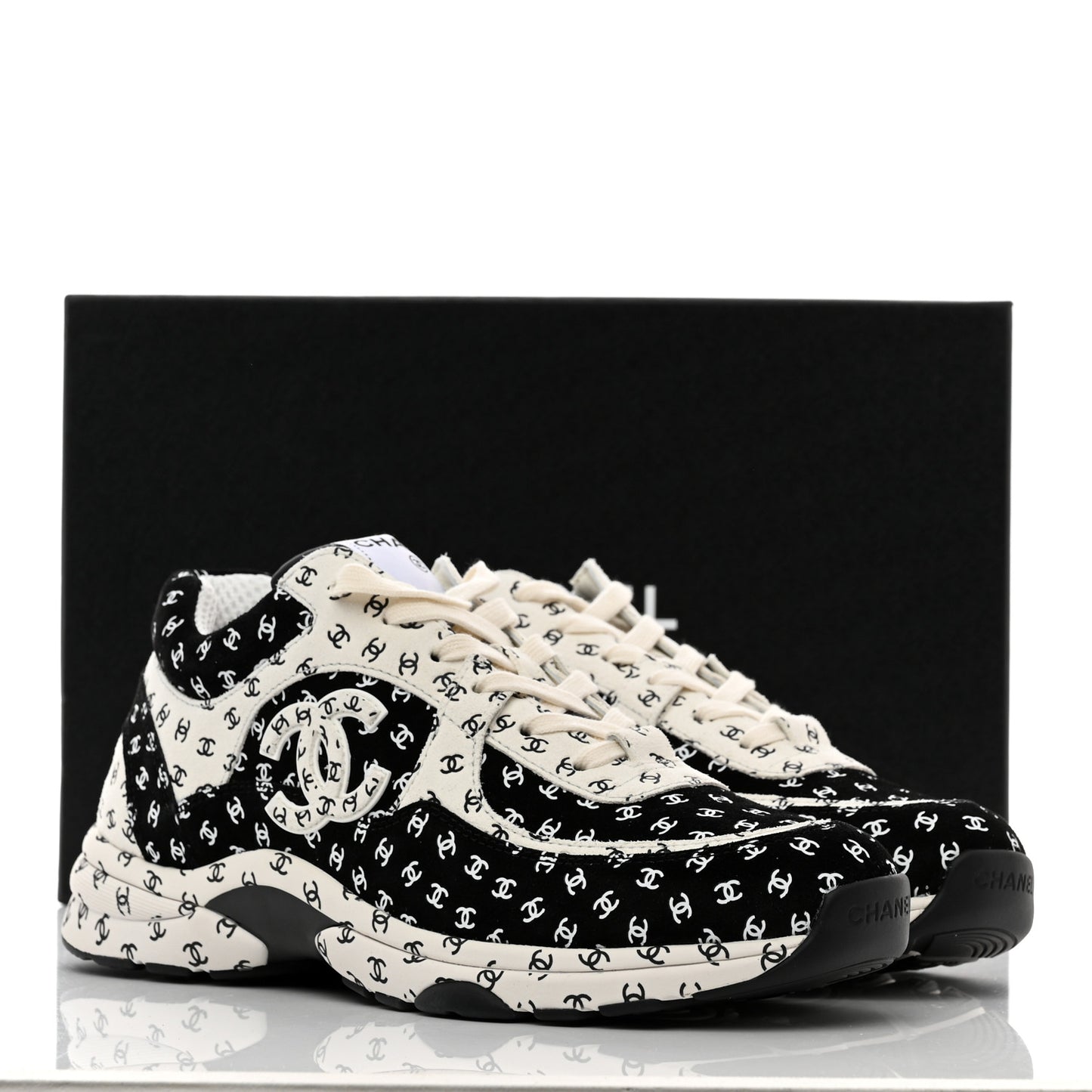 Nylon Suede Calfskin Printed CC Sneakers 40.5 White Black