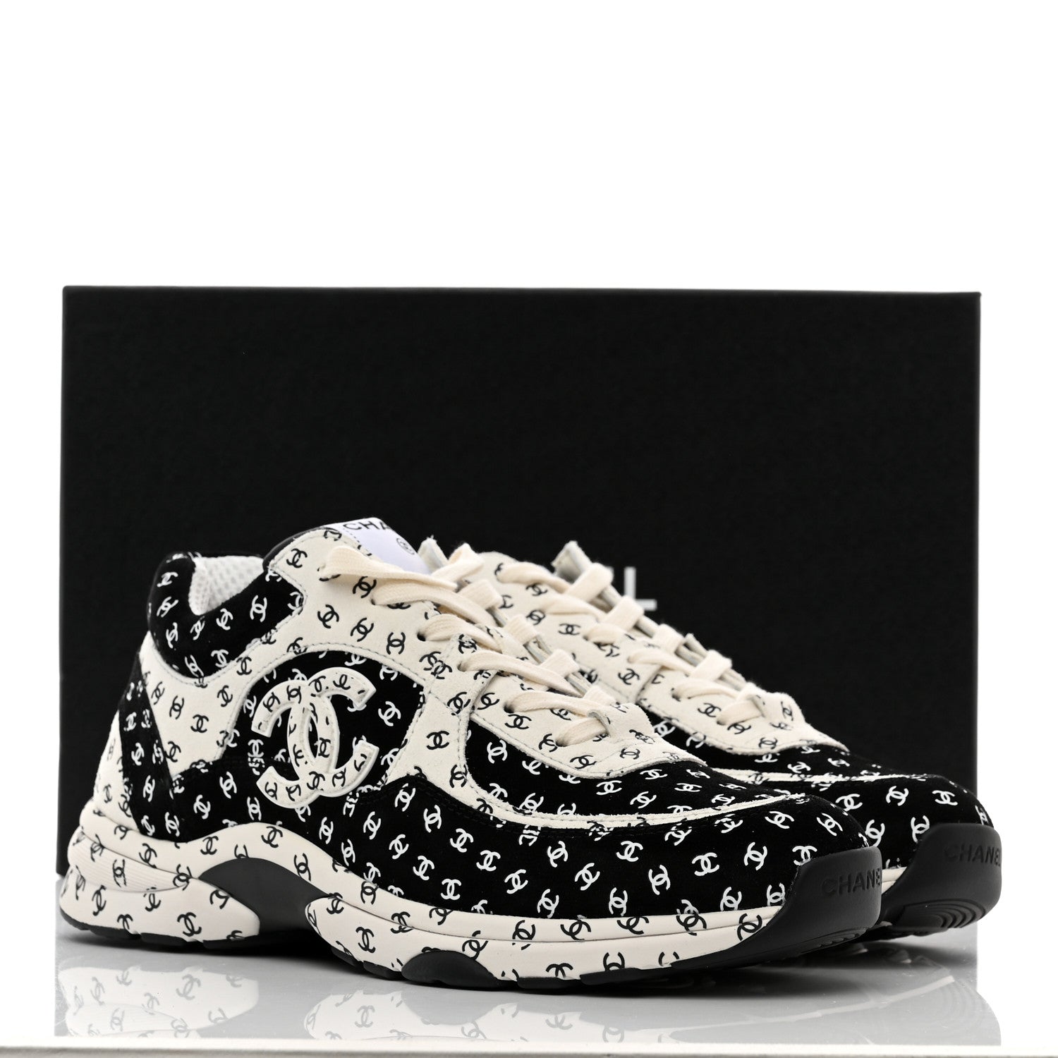 Chanel Nylon Suede Calfskin Printed CC Sneakers 40.5 White Black 9 of 9