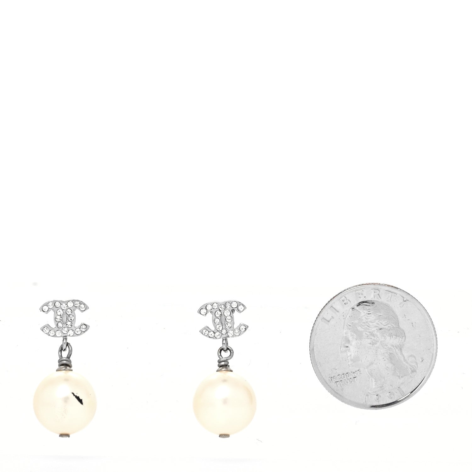 Chanel Crystal Pearl CC Drop Earrings Silver Pearly White 2 of 5