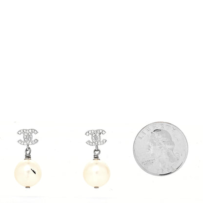 Chanel Crystal Pearl CC Drop Earrings Silver Pearly White 2 of 5
