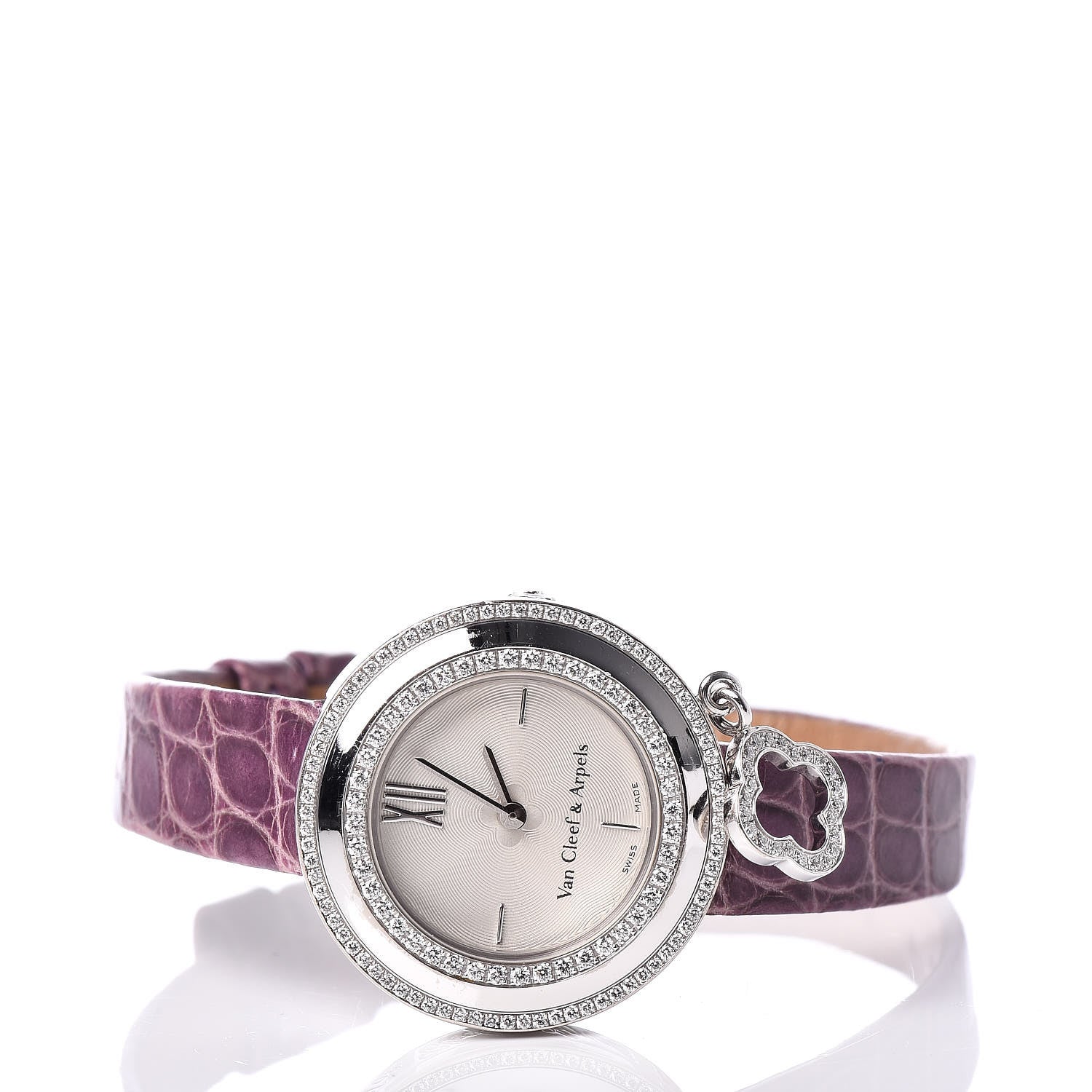 Van Cleef & Arpels 18K White Gold Alligator Diamond Bezel 25mm Charms Quartz Watch 3 of 7