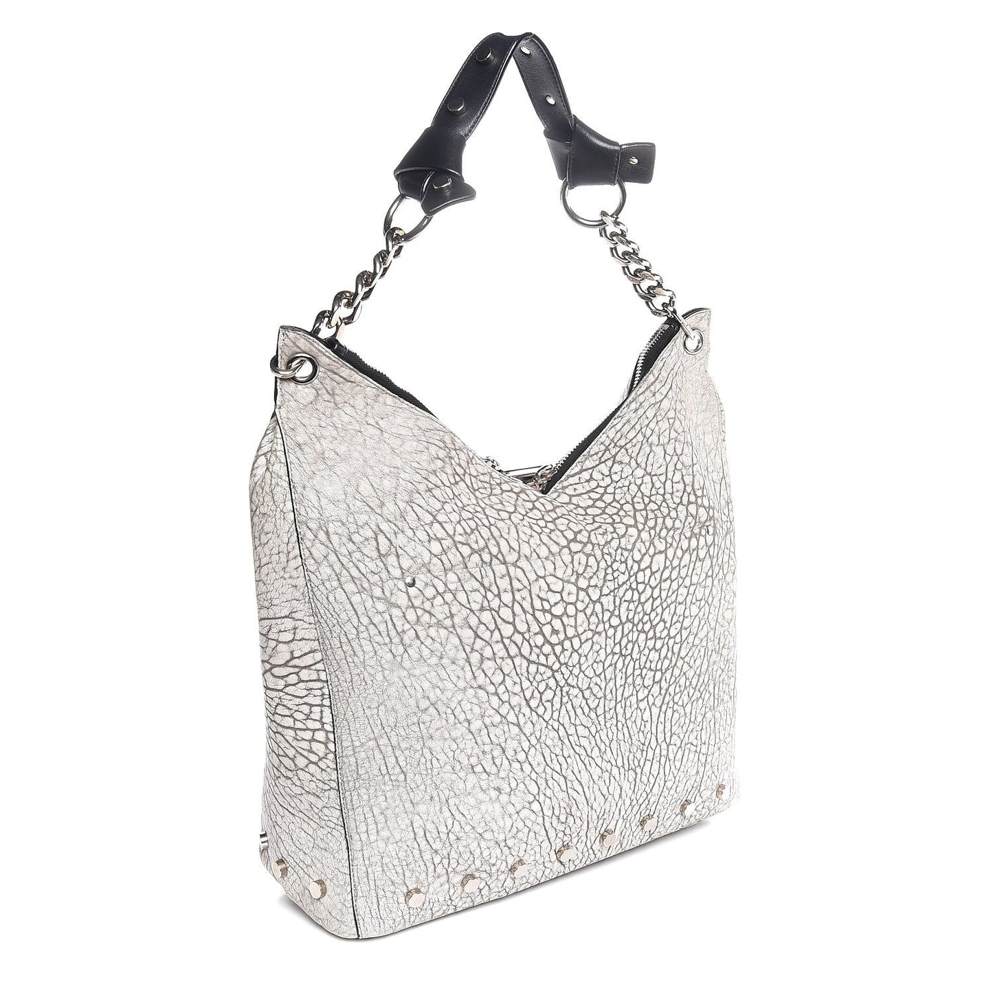 Washed Grainy Lambskin Studded Raven Hobo White Black