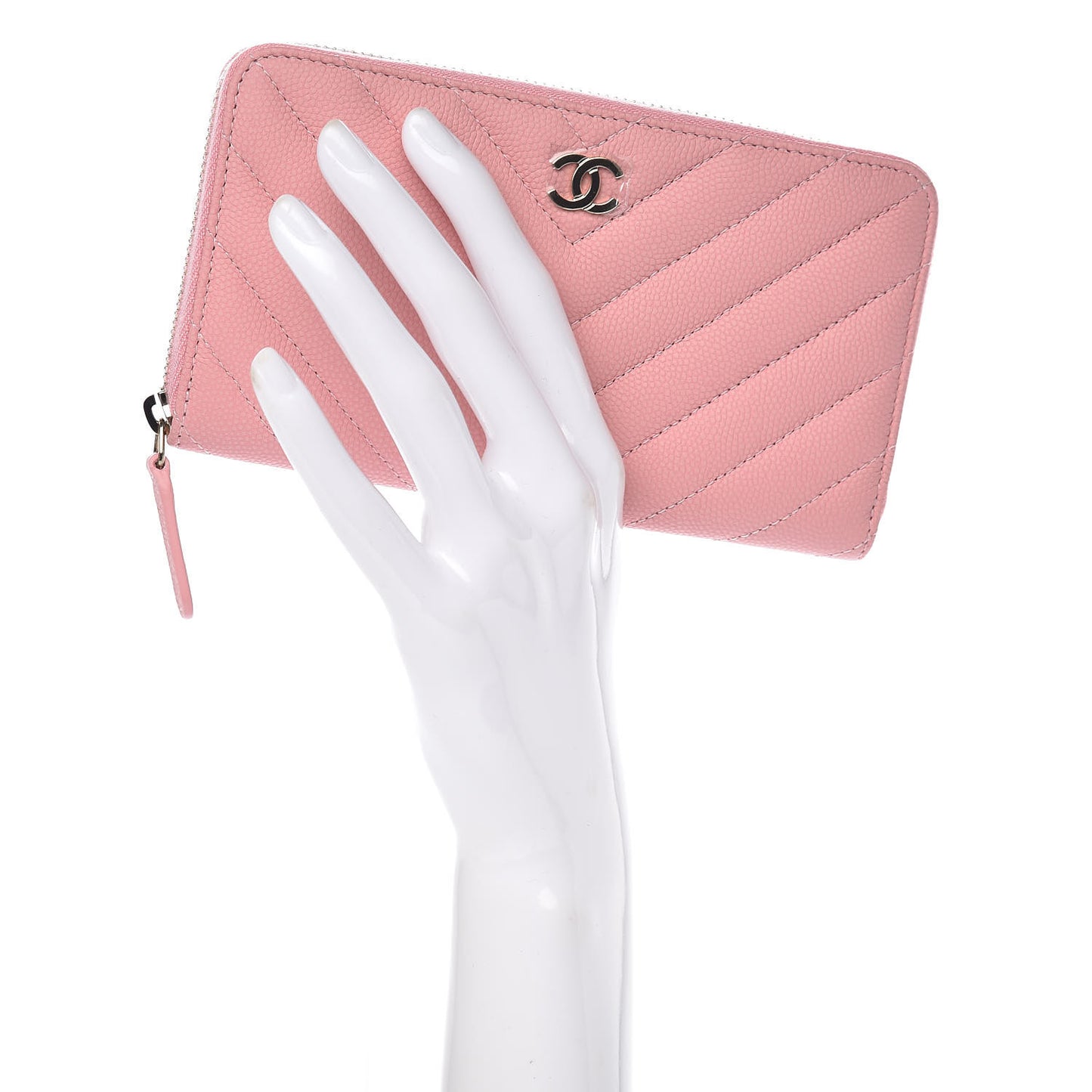 Caviar Chevron Quilted Small Zip Around Wallet Pink