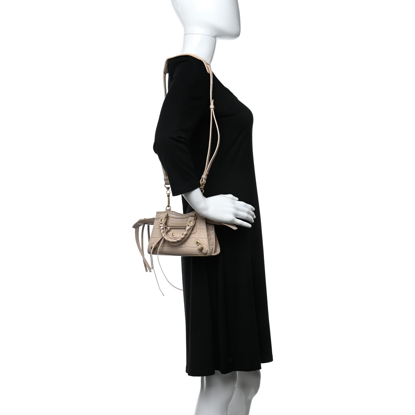 Shiny Supple Calfskin Crocodile Embossed Neo Classic Gold Hardware Nano City Crossbody Light Beige