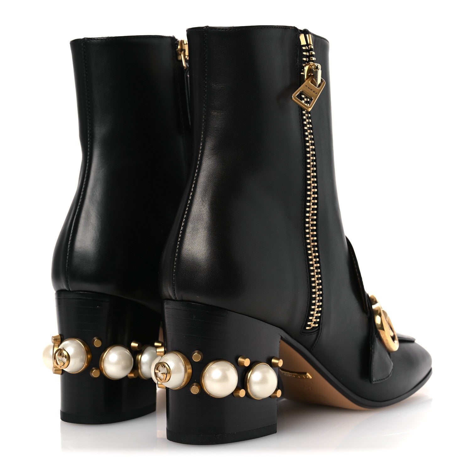 Gucci Betis Glamour Calfskin Web Pearl Embellished Peyton 75mm Ankle Boots 37 Black 5 of 12