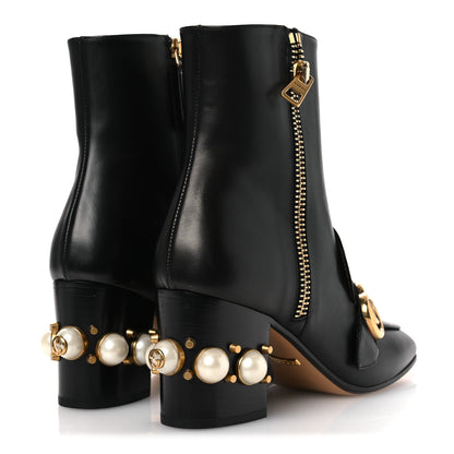 Gucci Betis Glamour Calfskin Web Pearl Embellished Peyton 75mm Ankle Boots 37 Black 5 of 12