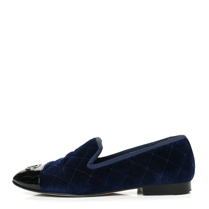 Chanel Velvet Quilted Cap Toe Womens CC Loafers 36 Blue 1 of 4
