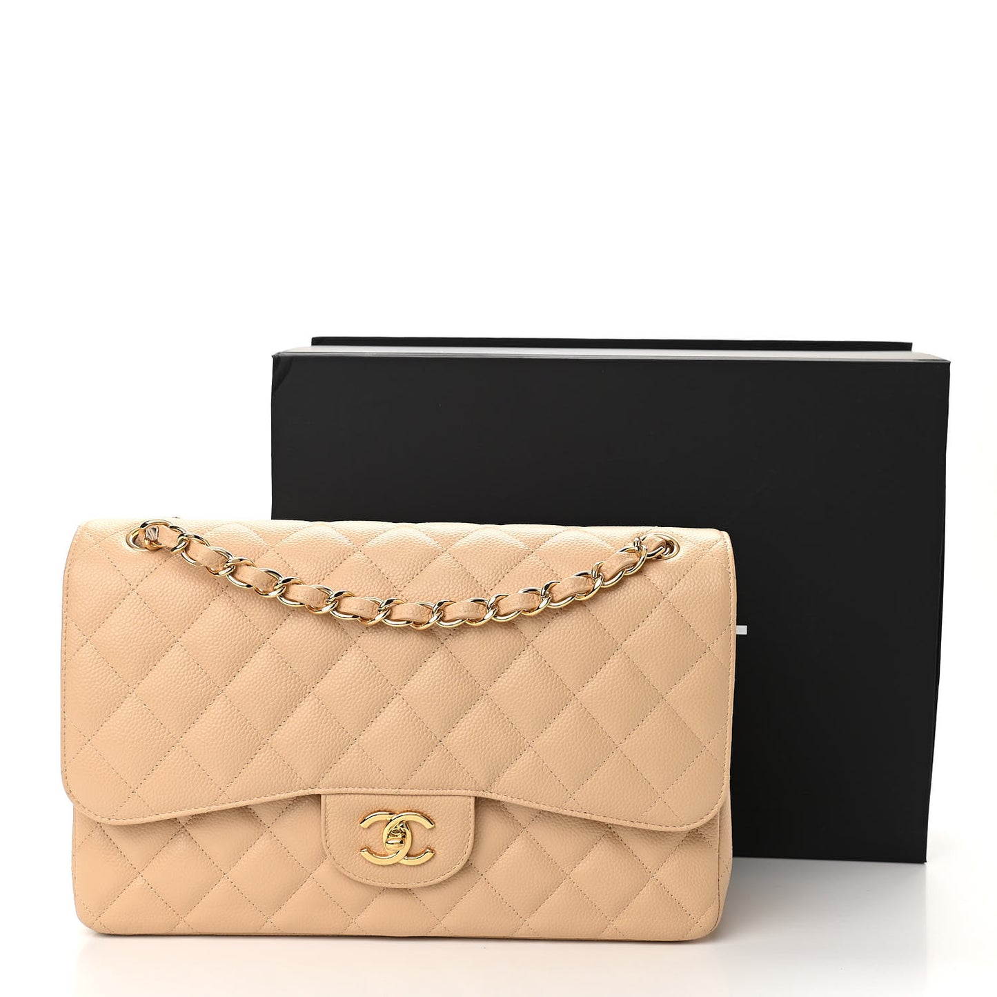 Caviar Quilted Jumbo Double Flap Light Beige